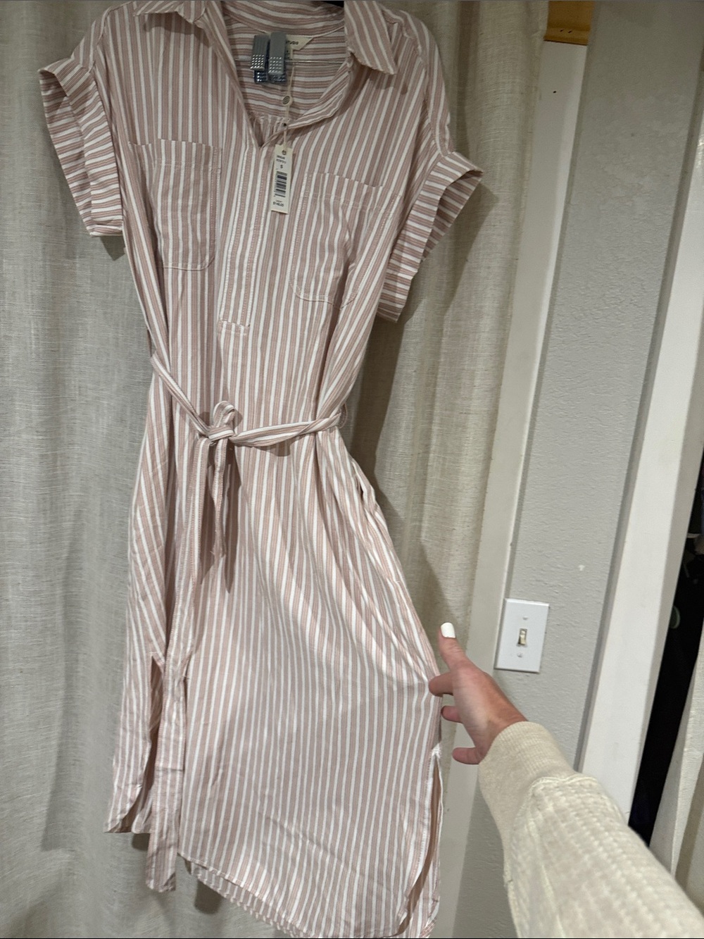 Max Studio Blush and White Striped Midi Shirt Dress with Tie Waist